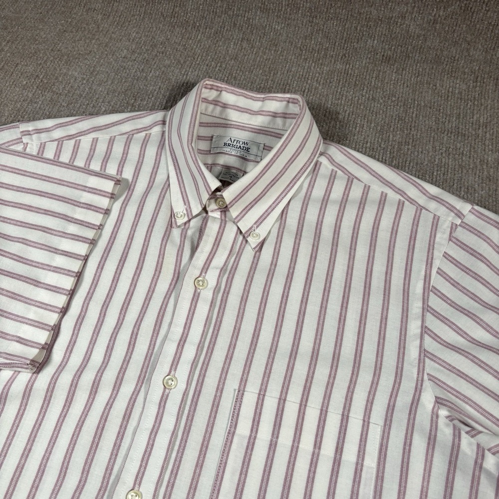 Vintage 80s‎ Arrow Brigade Shirt Mens 16 Short Sleeve White Striped Made In USA